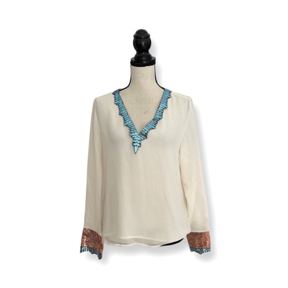 Uterque cream sequin neck and sleeves trims silk blouse size M